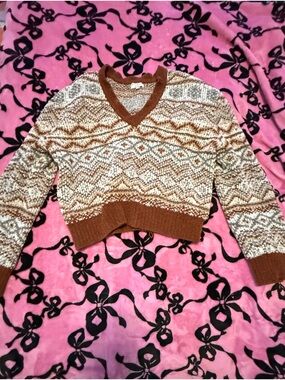 V-Neck Brown & Cream Women's Pullover Sweater
